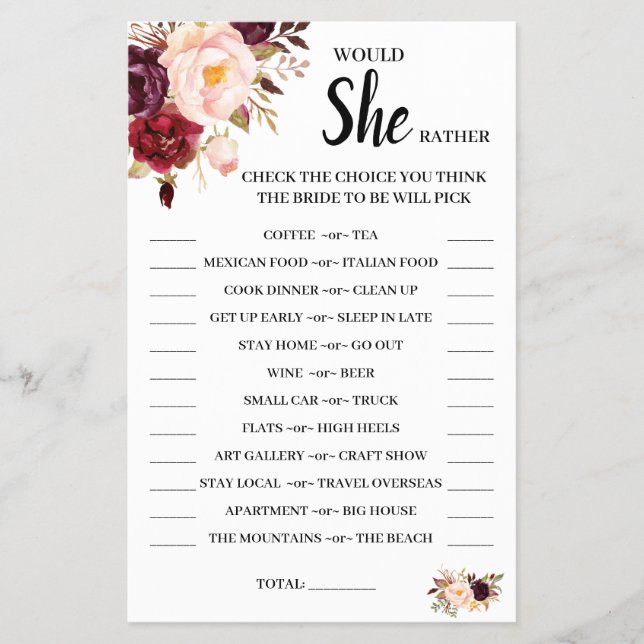 Would She Rather Marsala Bridal Shower Game Card (Front)