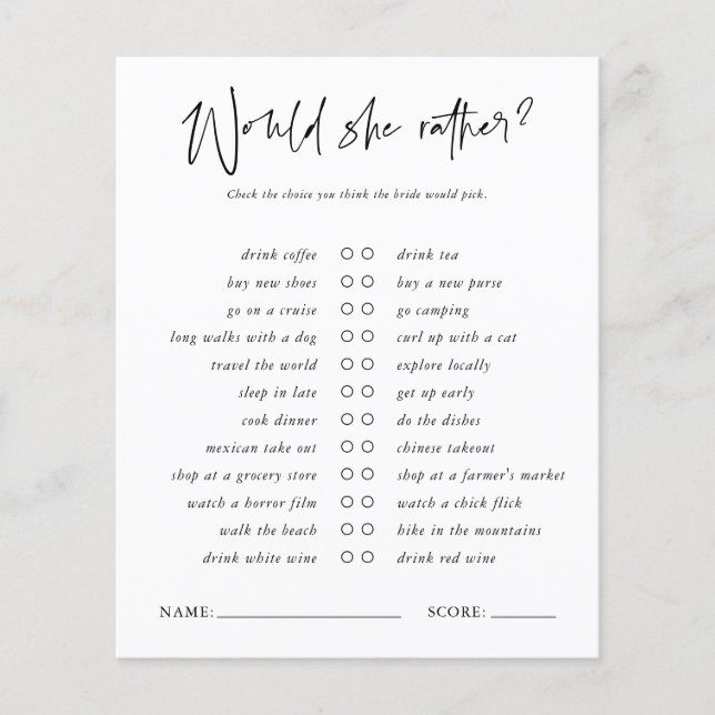 Would She Rather | Minimal Bridal Shower Game (Front)