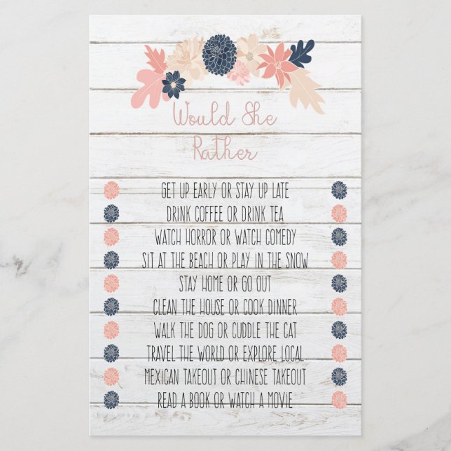 Would She Rather Navy Blush Bridal Shower Game (Front)
