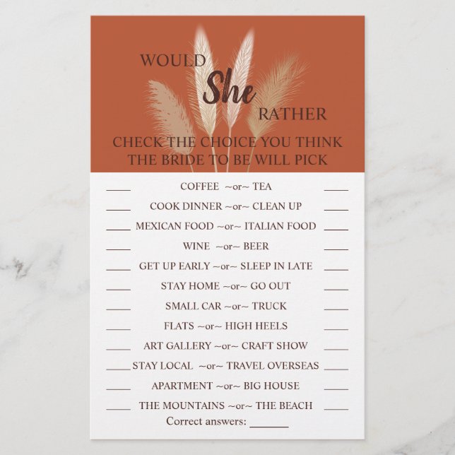 Would She Rather Pampas Bridal Shower Game Card (Front)
