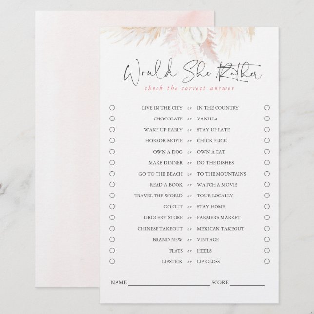 Would She Rather Pampas Grass Bridal Game (Front/Back)