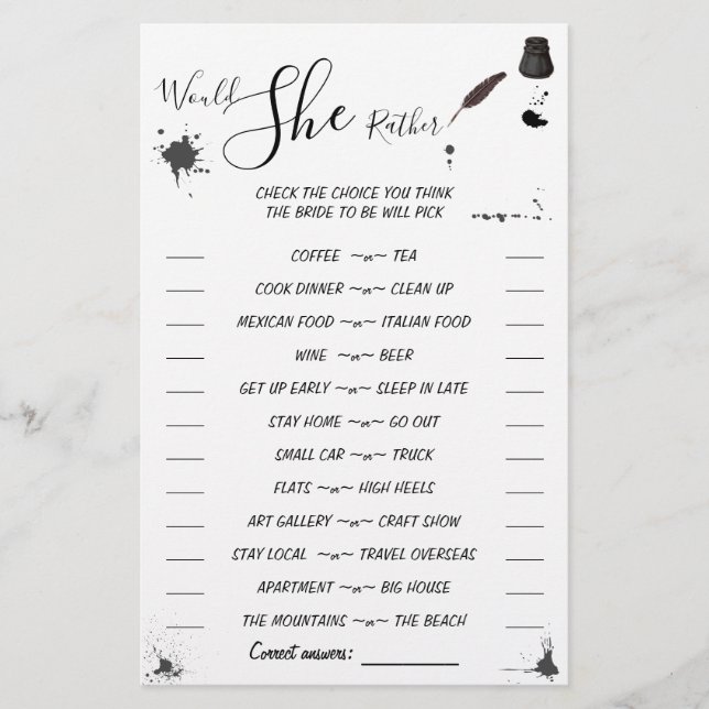 Would She Rather | Pen & Inkwell Shower Game Card (Front)