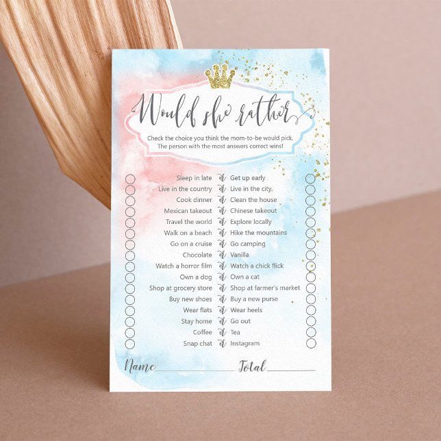 Would she rather pink blue gold gender reveal game (Creator Uploaded)