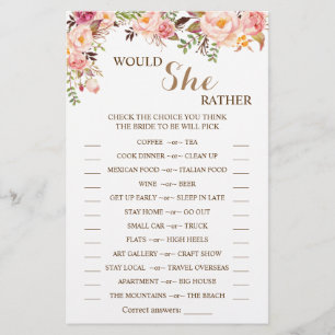Would She Rather Pink Bridal Shower Game Card