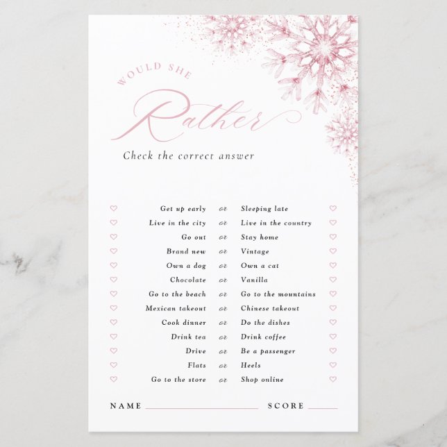 Would She Rather Pink Snow in Love Bridal Shower (Front)