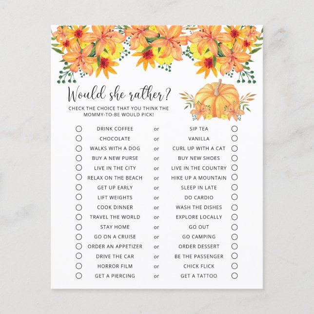 Would She Rather - Pumpkin Baby Shower Game (Front)