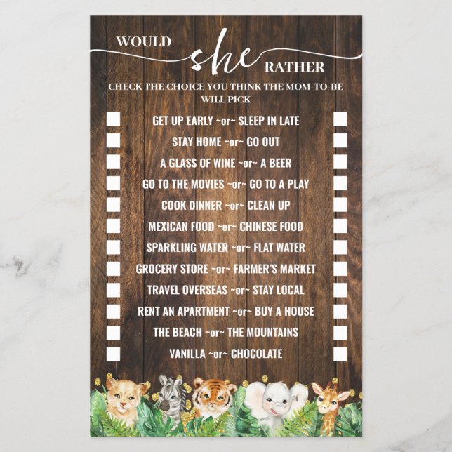 Would She Rather Safari Baby Shower Game Card (Front)