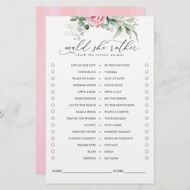 Would She Rather Succulents Greenery Bridal Game (Front/Back)