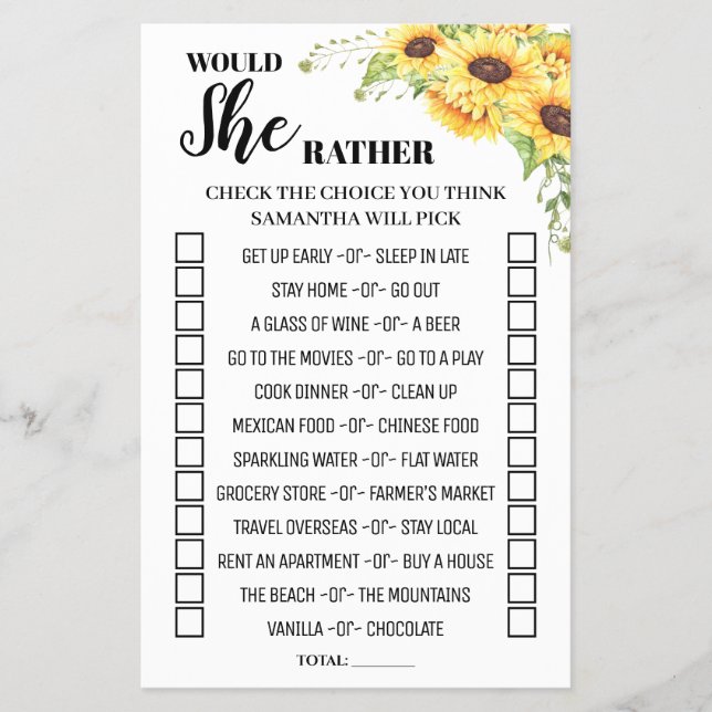 Would She Rather Sunflower Bridal Shower Game Card (Front)