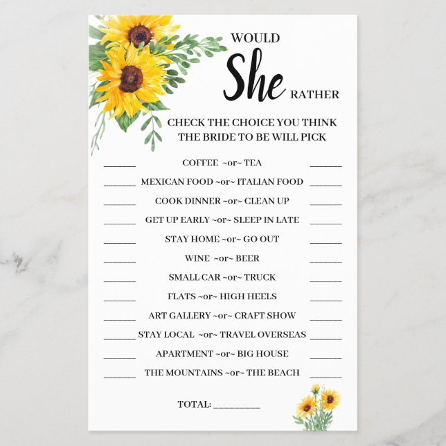 Would She Rather Sunflower Bridal Shower Game Card (Front)
