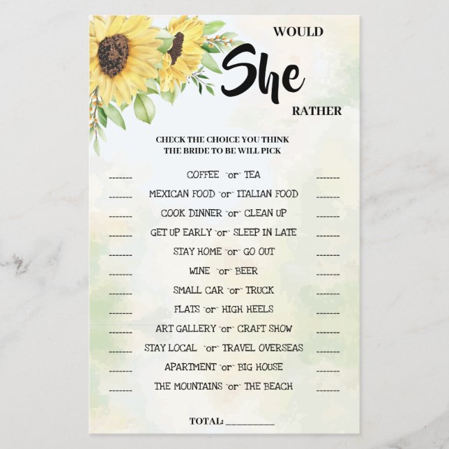 Would She Rather Sunflower Bridal Shower Game Card (Front)