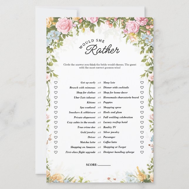 Would She Rather Tea Party Bridal Shower Game (Front)