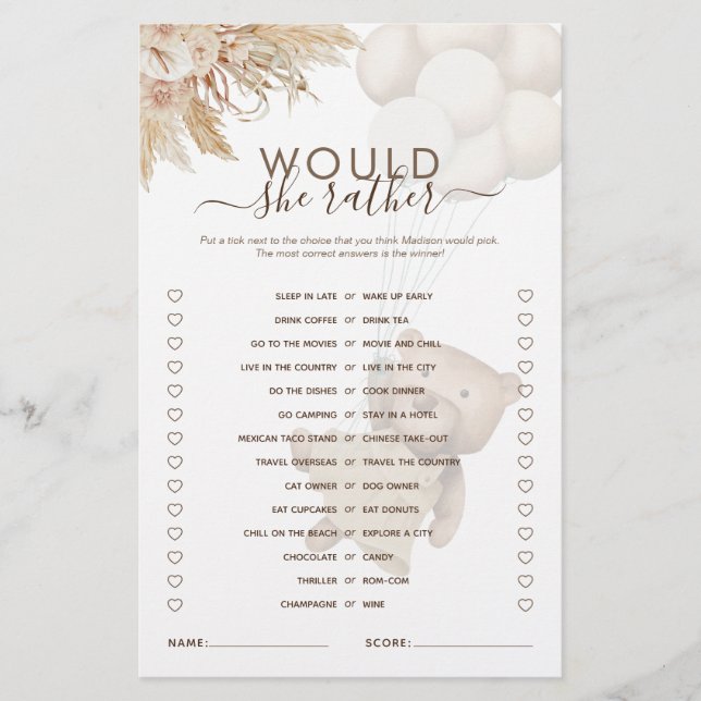 Would She Rather Teddy Bear Baby Shower Game (Front)