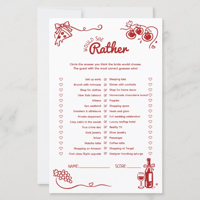 Would She Rather That's Amore Bridal Shower Game   (Front)