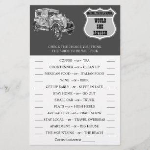 Would She Rather Wedding Car Shower Game Card