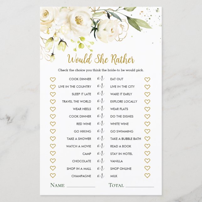 Would She Rather White Roses Bridal Shower Game (Front)