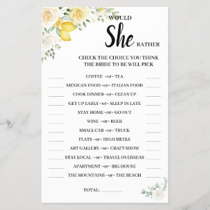 Would She Rather WhiteRoses Bridal Shower GameCard Flyer