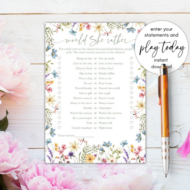 Would She Rather Wildflower Bridal Shower Game Invitation (Creator Uploaded)