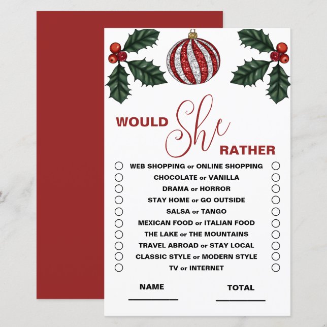 Would She Rather Winter Bridal Game (Front/Back)
