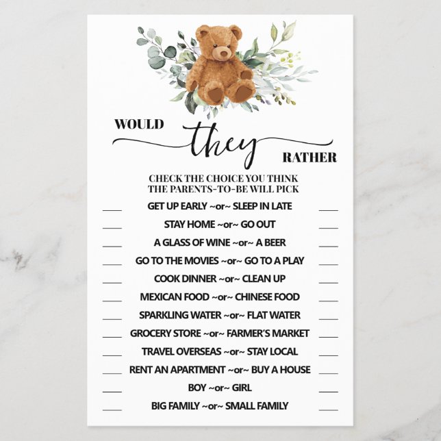 Would They Rather Bear Greenery Shower Game Card (Front)