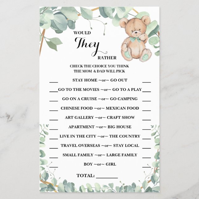Would They Rather Bear Greenery Shower Game Card (Front)