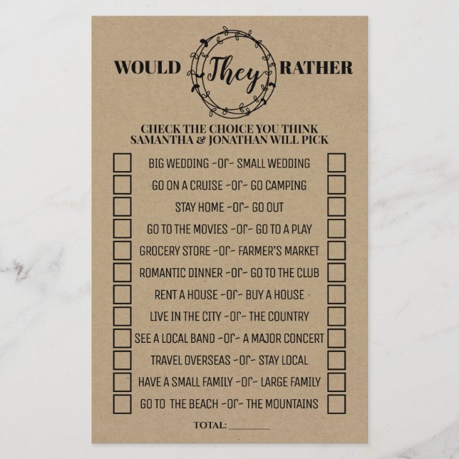 Would They Rather Bridal Shower Rustic Game Card (Front)