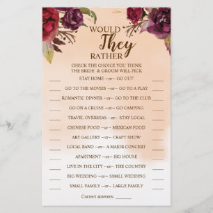 Would They Rather Burgundy Shower Game Card