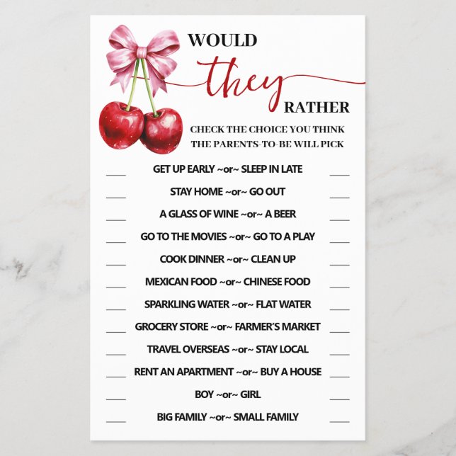 Would They Rather Cherry Coquette Shower Game Card (Front)