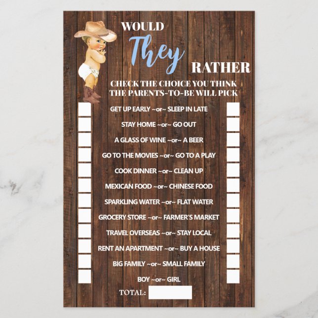 Would They Rather Cowboy Baby Shower Game Card (Front)