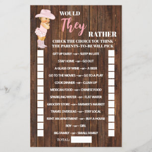 Would They Rather Cowgirl Baby Shower Game Card