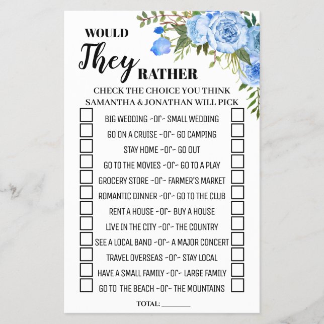 Would they rather english spanish shower game card (Front)