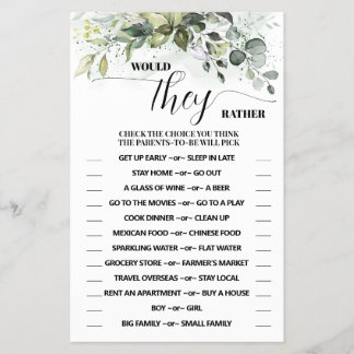 Would They Rather Greenery Baby Shower Game Card