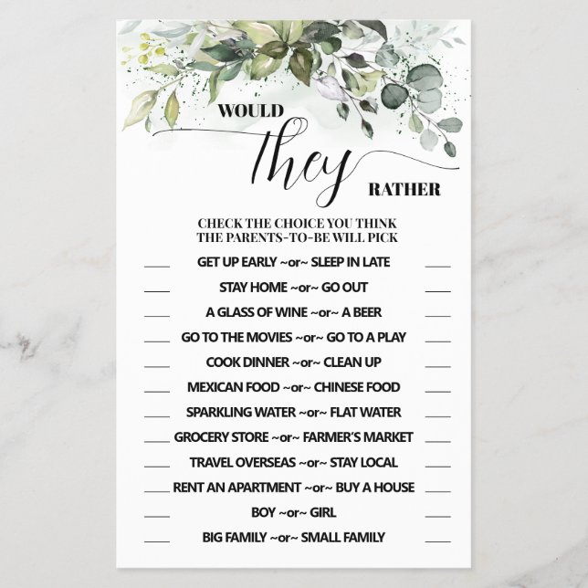 Would They Rather Greenery Baby Shower Game Card (Front)