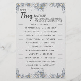 Would They Rather Grey Floral Shower Game Card