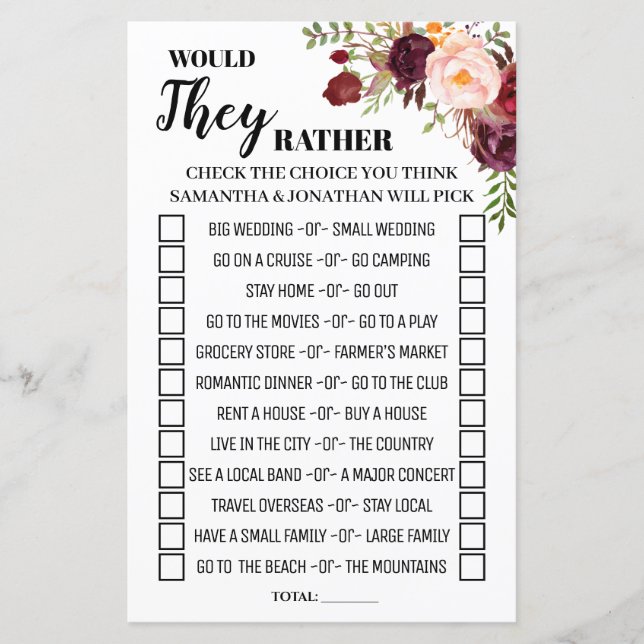 Would They Rather Marsala Flowers Shower game (Front)