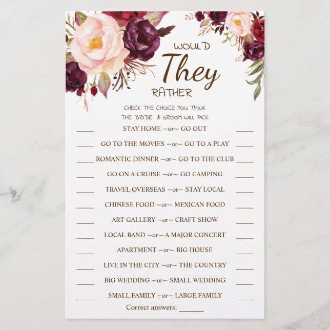 Would They Rather Marsala Flowers Shower Game Card (Front)