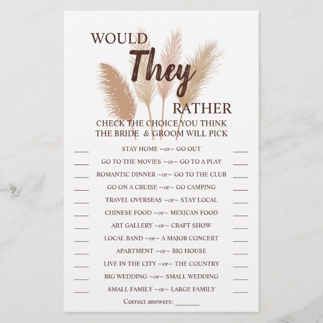 Would They Rather Pampas Grass Shower Game Card (Front)
