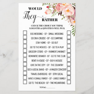 Would They Rather Pink Bridal Shower Game Card