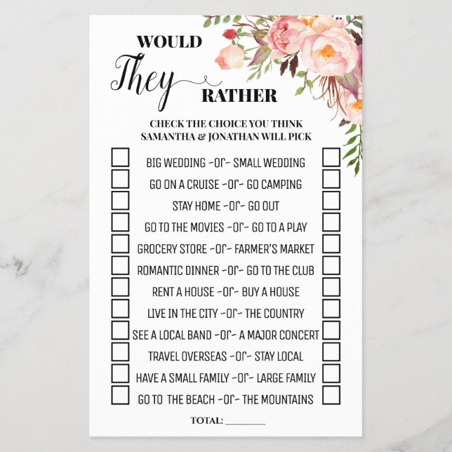 Would They Rather Pink Bridal Shower Game Card (Front)