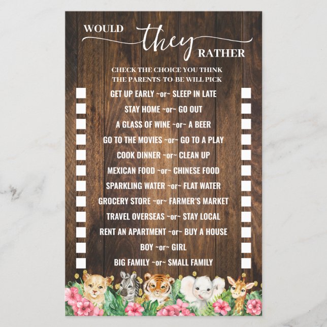 Would They Rather Rustic Pink Safari Game Card (Front)