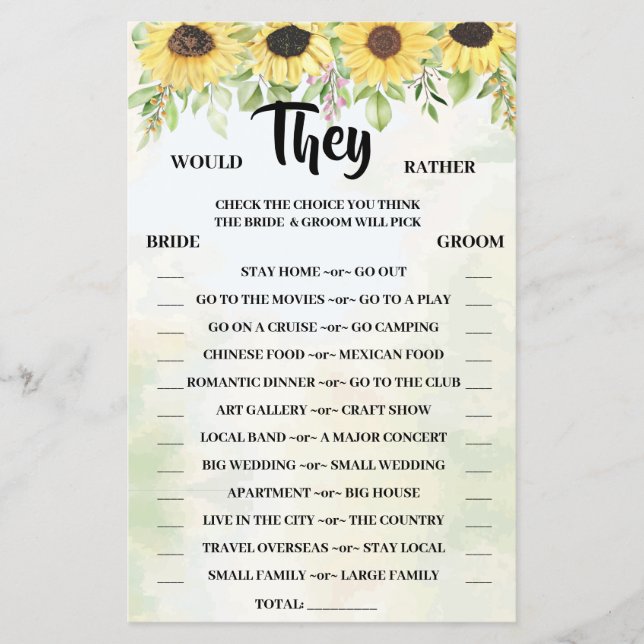 Would They Rather Sunflower Shower Game Card (Front)