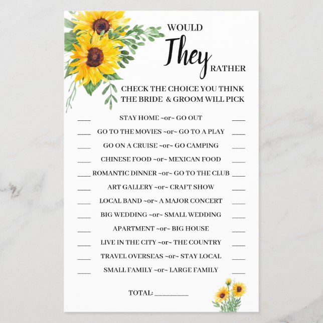 Would They Rather Sunflower Shower Game Card (Front)