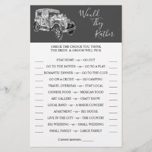 Would They Rather Wedding Car Shower Game Card