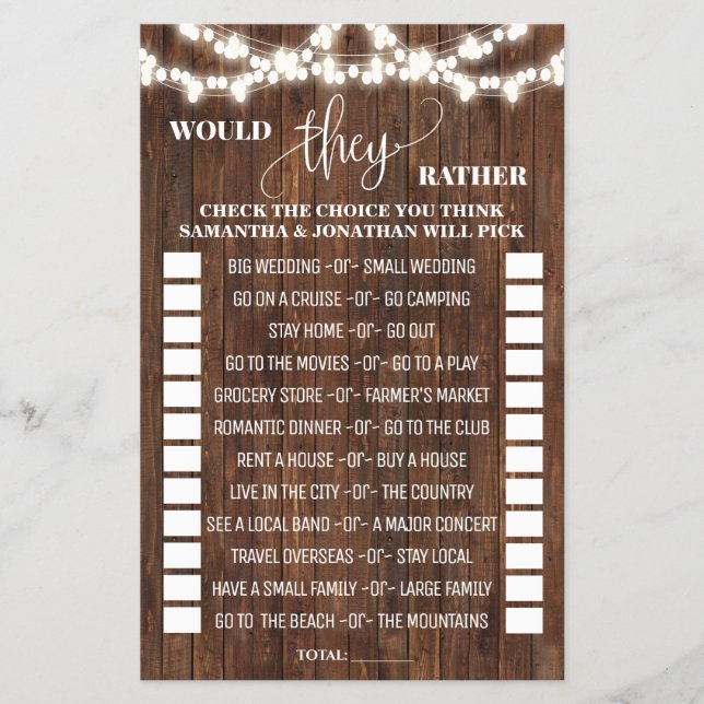 Would They Rather Western Bridal Shower Game Card (Front)