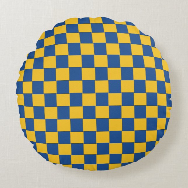 Woven Blue and Yellow Chequered Round Cushion (Front)