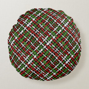 Woven Burlap Graphical Green Red White Round Cushion