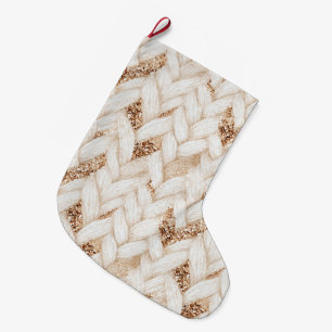 Woven Cream Faux Fabric Gold Glitter Large Christmas Stocking
