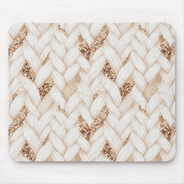 Woven Cream Faux Fabric Gold Glitter Mouse Pad (Front)