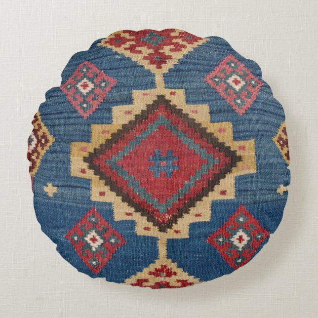 Woven Kilim Colourful Royal Blue Yellow  Round Cushion (Front)