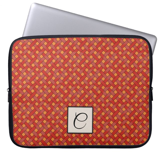 Woven Red Rattan on Custom Orange with Monogram Laptop Sleeve (Front)